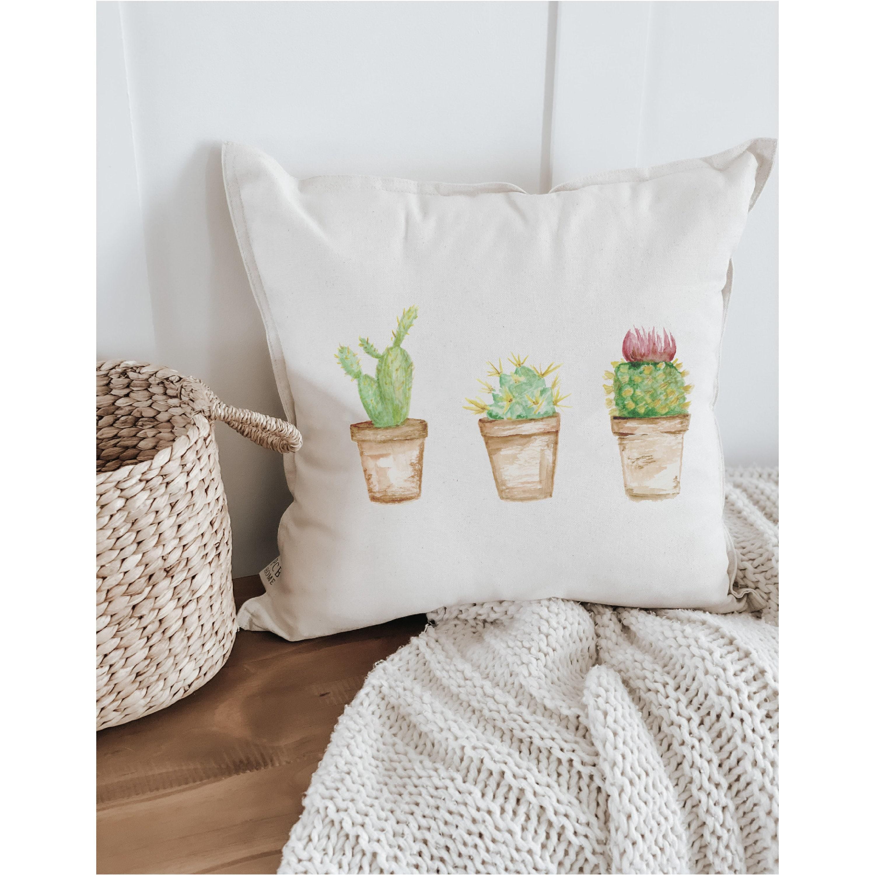 Throw Pillow -  Cactus Watercolor - Summer, Spring, Handmade in USA, 100% Organic Cotton, Home Décor, Housewarming gift, Cushion Cover