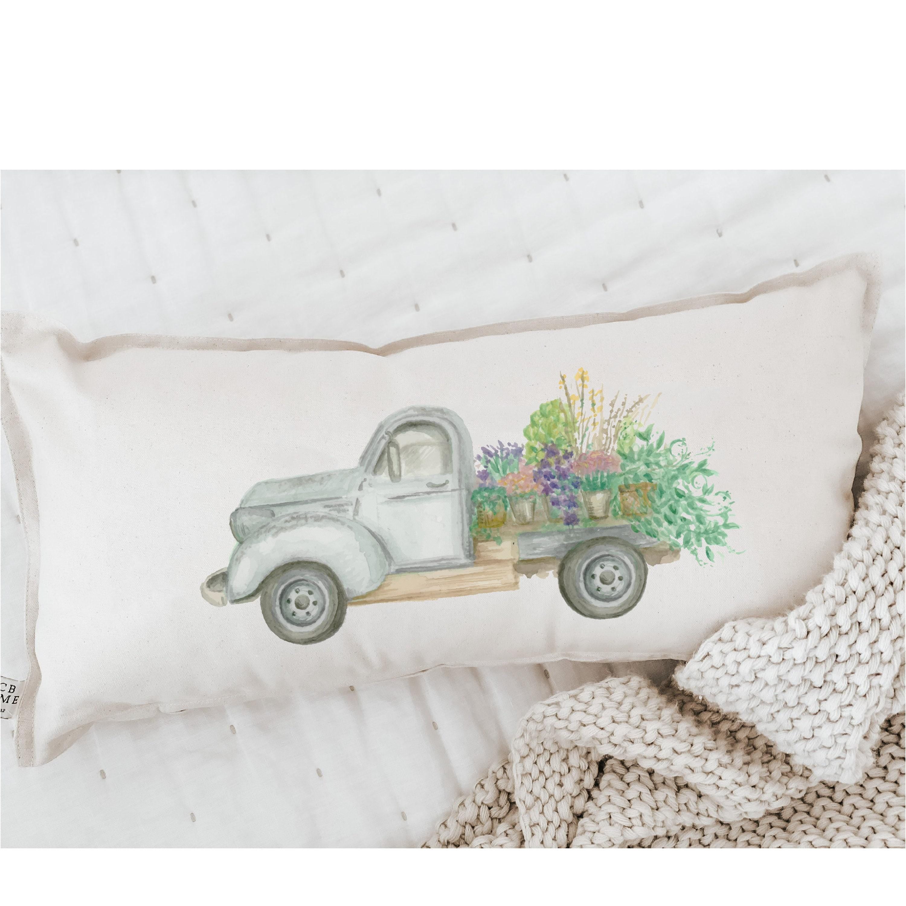 Flower Truck Lumbar Pillow: Watercolor Spring Decor, Handmade Organic Cotton