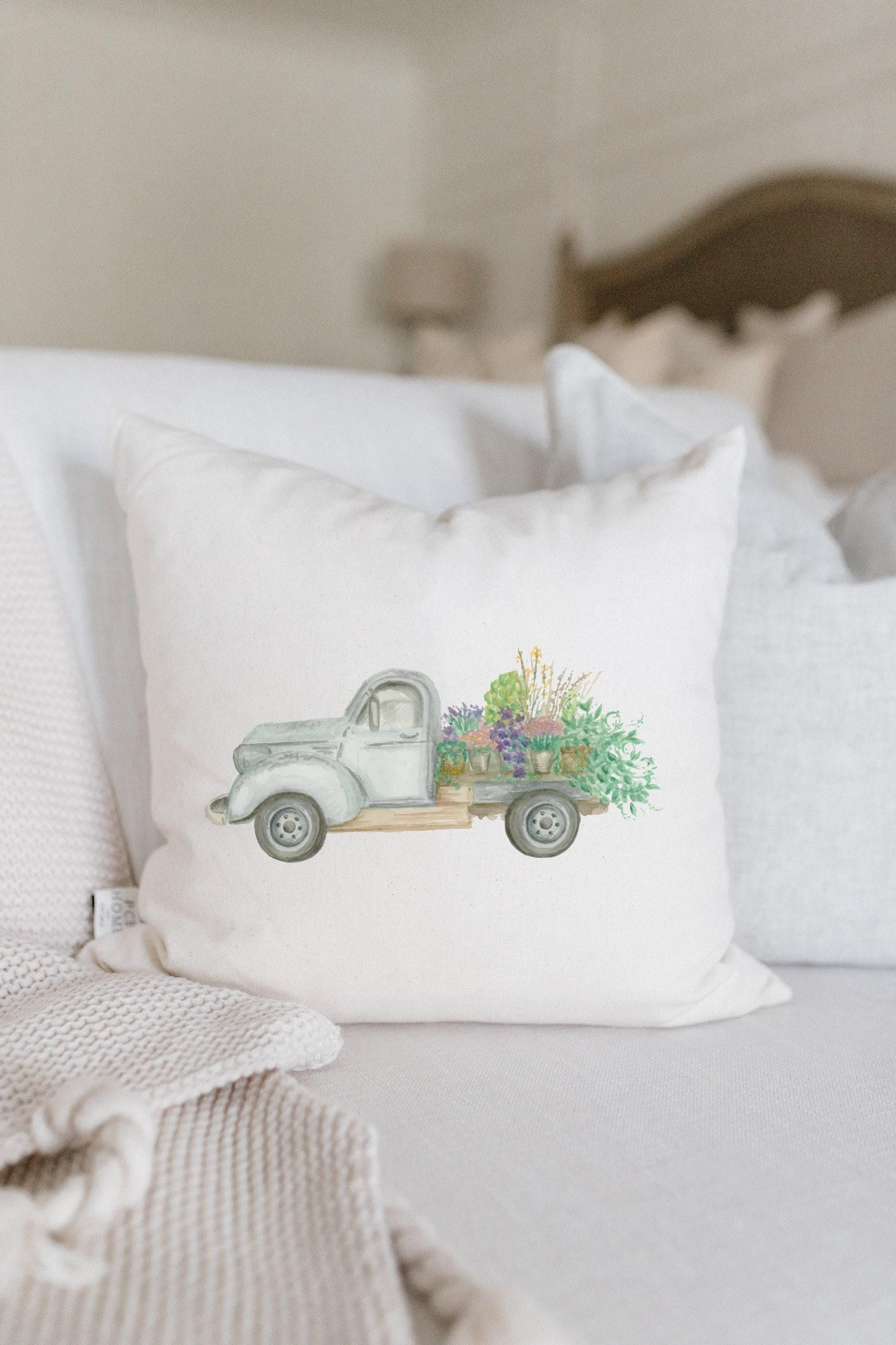 Throw Pillow -  Floral Truck Watercolor - Handmade in USA, Organic Cotton, Home Décor, Housewarming Gift ,Present for Her, Cushion Cover