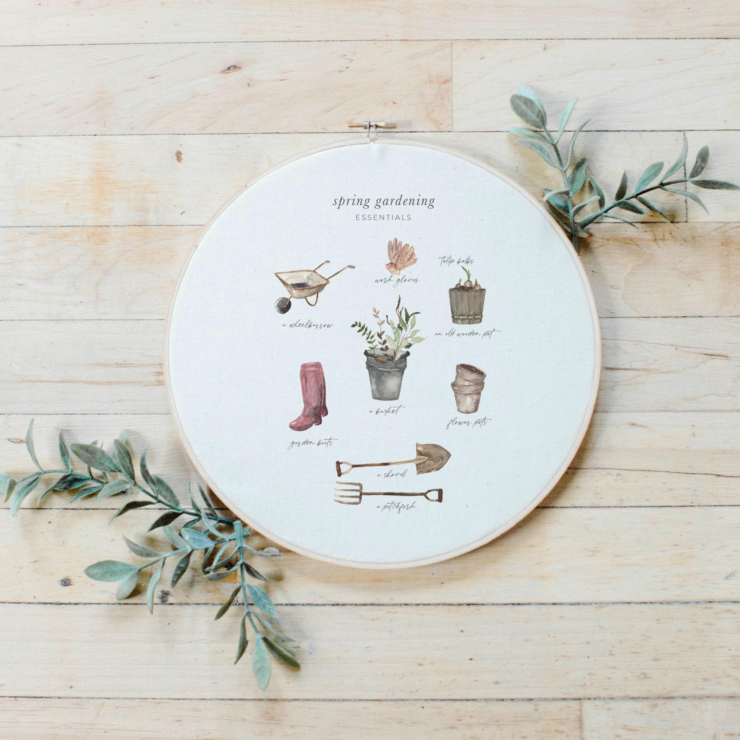 Embroidery Hoop - Garden Essentials Watercolor, home decor, spring decor, present, housewarming gift, rust decor