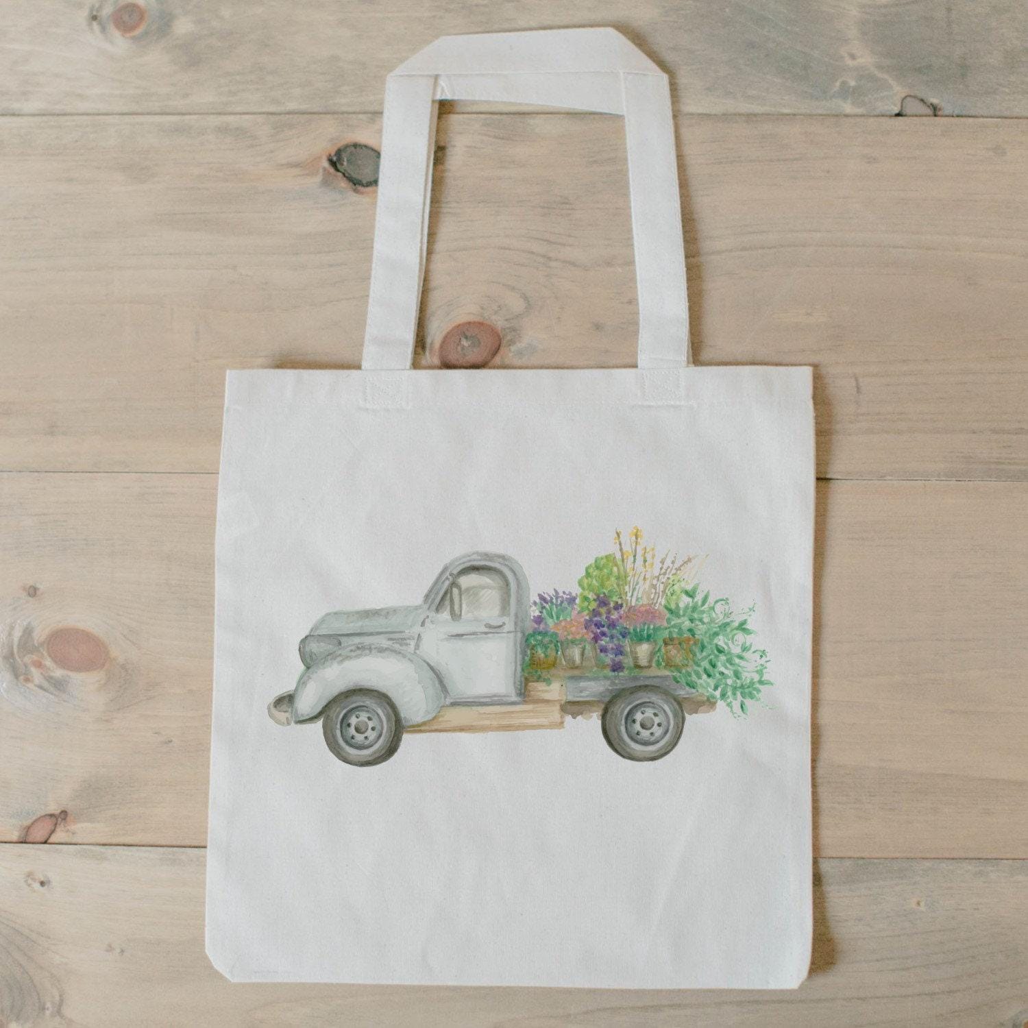 Tote Bag - Floral Truck Watercolor, Summer, housewarming gift, wedding favor, bridesmaid gift, women's gift