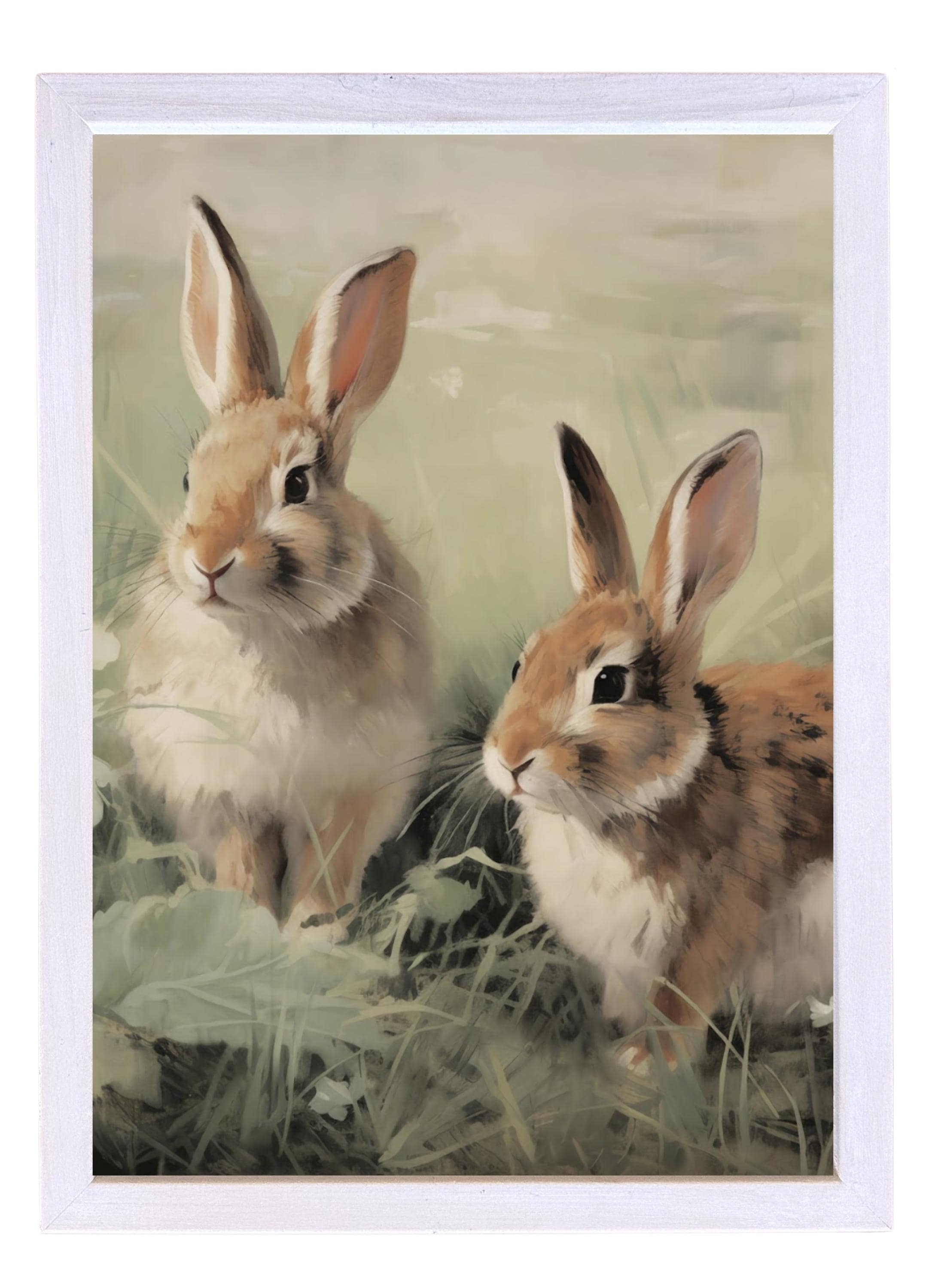 Wood Framed Print - Bunnies - Handmade in USA, gallery wall art, framed decor