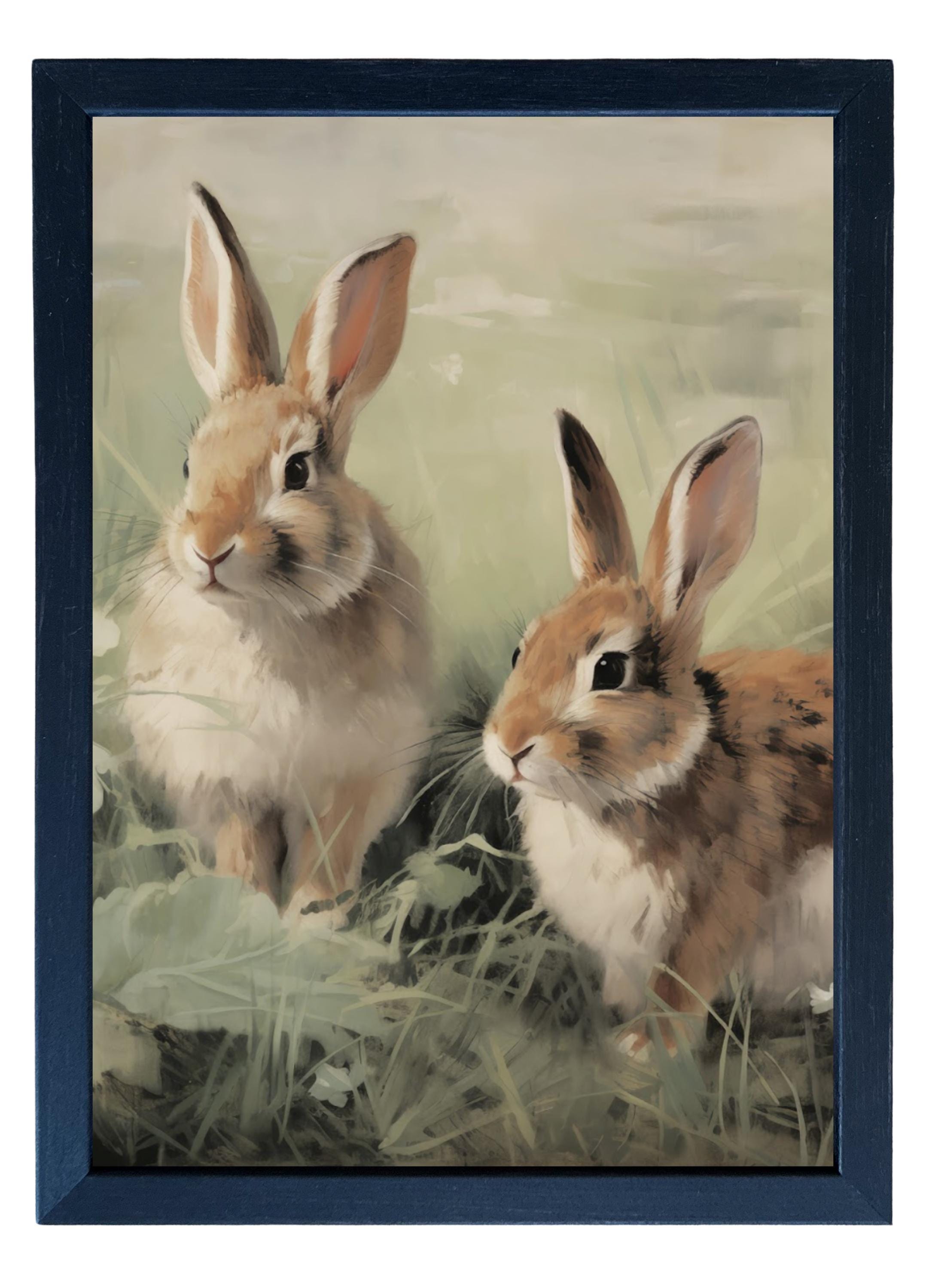 Wood Framed Print - Bunnies - Handmade in USA, gallery wall art, framed decor